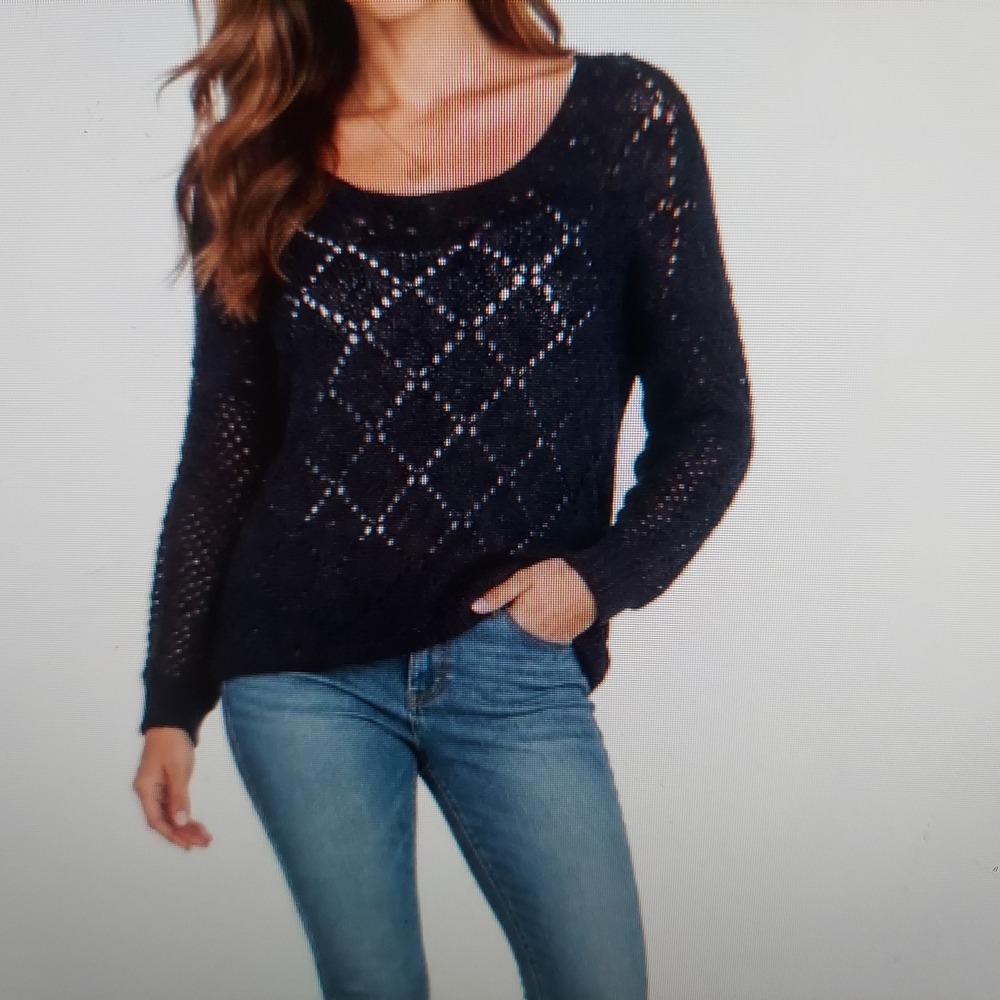 Coldwater Creek Womens Sweater L Navy Blue Boho Open Knit Diamond Crochet Top